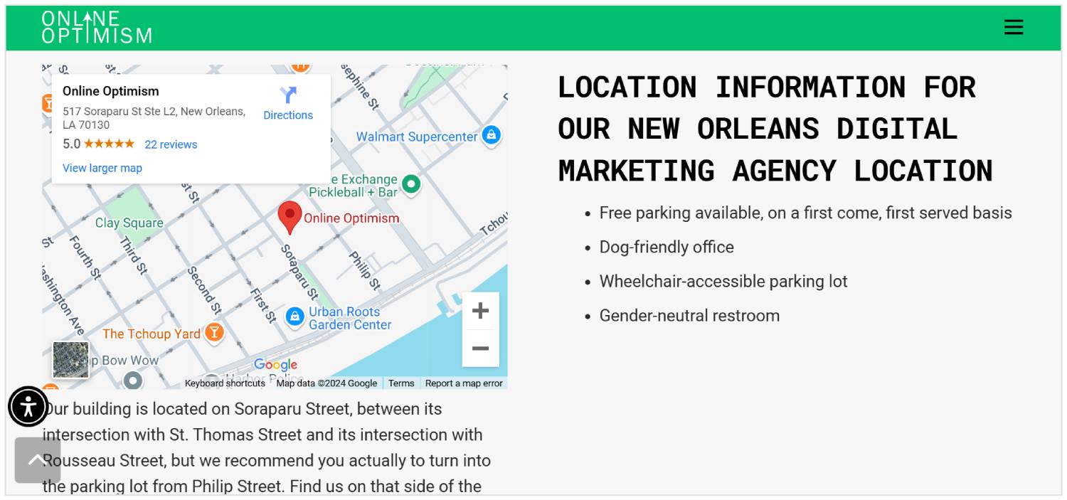 site da Online Optimism com Google Maps incorporado